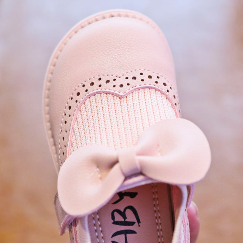 Girls toddler shoes 2023 spring and autumn new solid color bow girl baby single shoes soft bottom Korean children's leather shoes