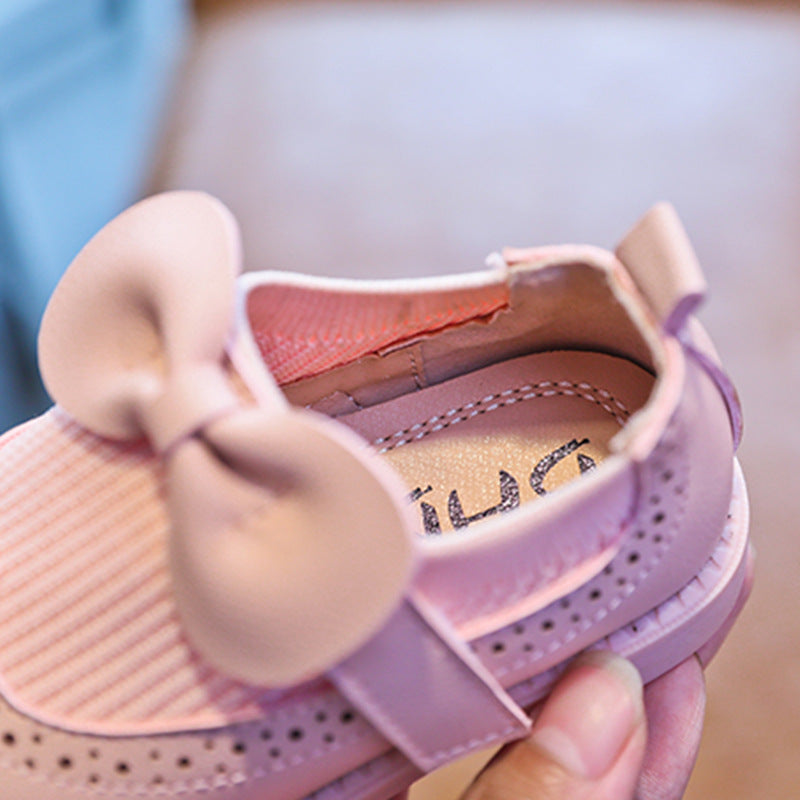 Girls toddler shoes 2023 spring and autumn new solid color bow girl baby single shoes soft bottom Korean children's leather shoes