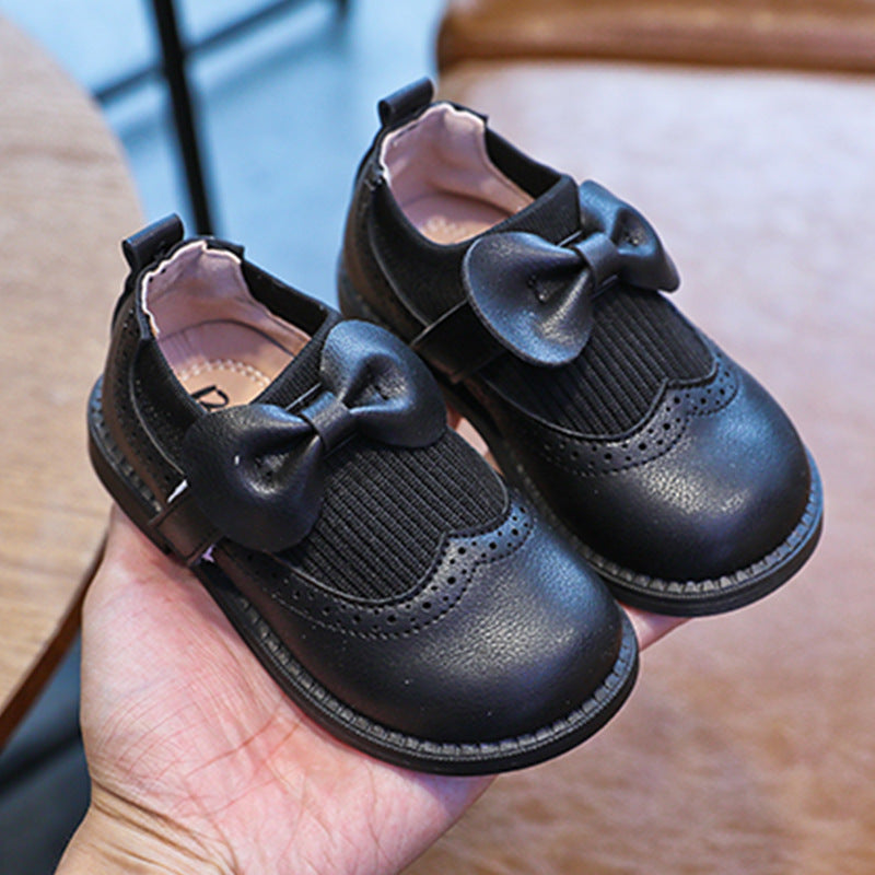 Girls toddler shoes 2023 spring and autumn new solid color bow girl baby single shoes soft bottom Korean children's leather shoes