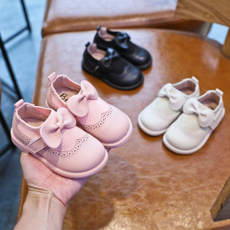 Girls toddler shoes 2023 spring and autumn new solid color bow girl baby single shoes soft bottom Korean children's leather shoes