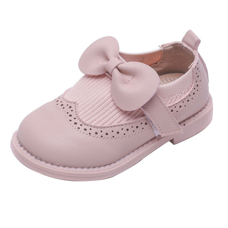 Girls toddler shoes 2023 spring and autumn new solid color bow girl baby single shoes soft bottom Korean children's leather shoes