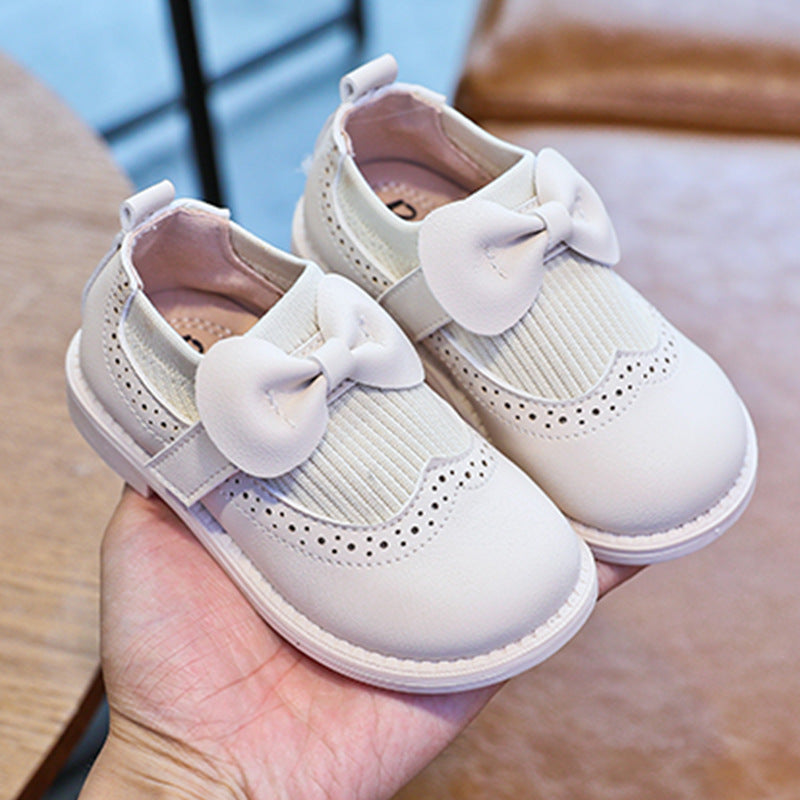 Girls toddler shoes 2023 spring and autumn new solid color bow girl baby single shoes soft bottom Korean children's leather shoes