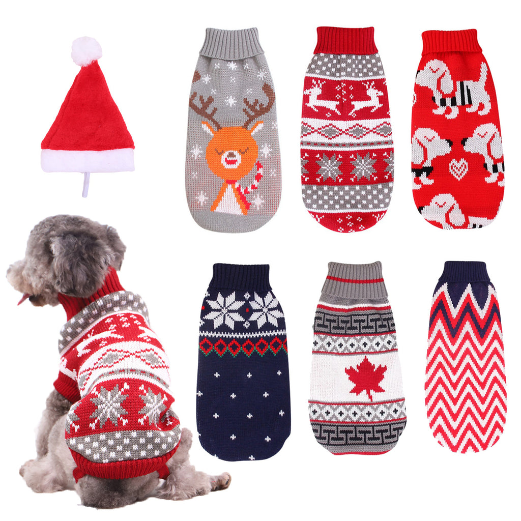 Christmas Reindeer Maple Snowflake Festive Pet Clothes Turtleneck Knit Sweater Dog Cat Costume Winter Coat