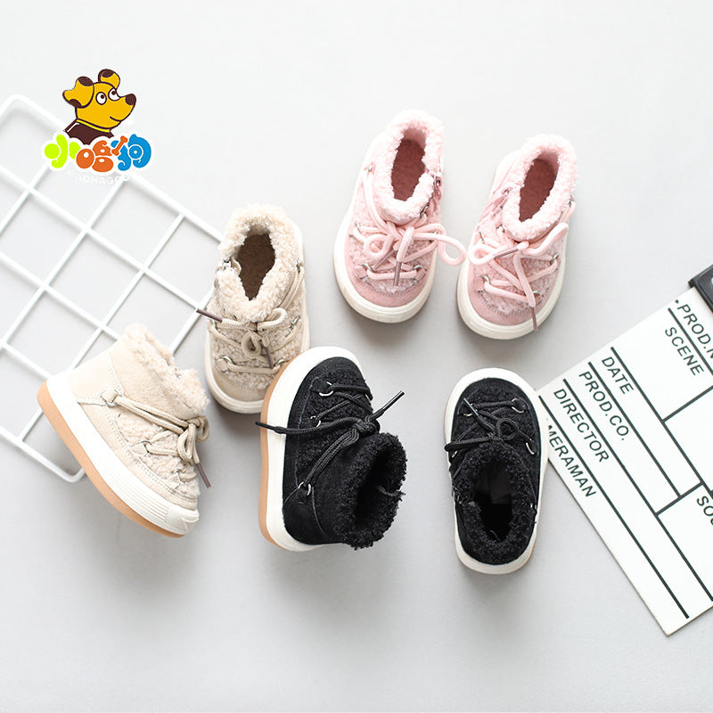 New winter high-top toddler shoes for baby girls, boys' snow boots with velvet and warmth, Korean style baby cotton shoes
