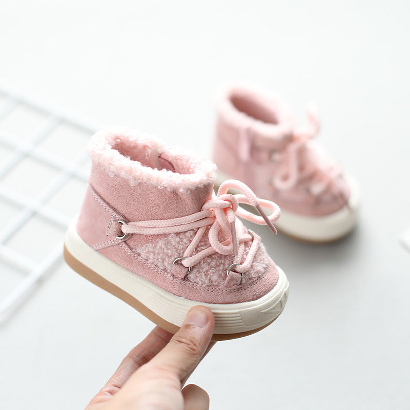 New winter high-top toddler shoes for baby girls, boys' snow boots with velvet and warmth, Korean style baby cotton shoes