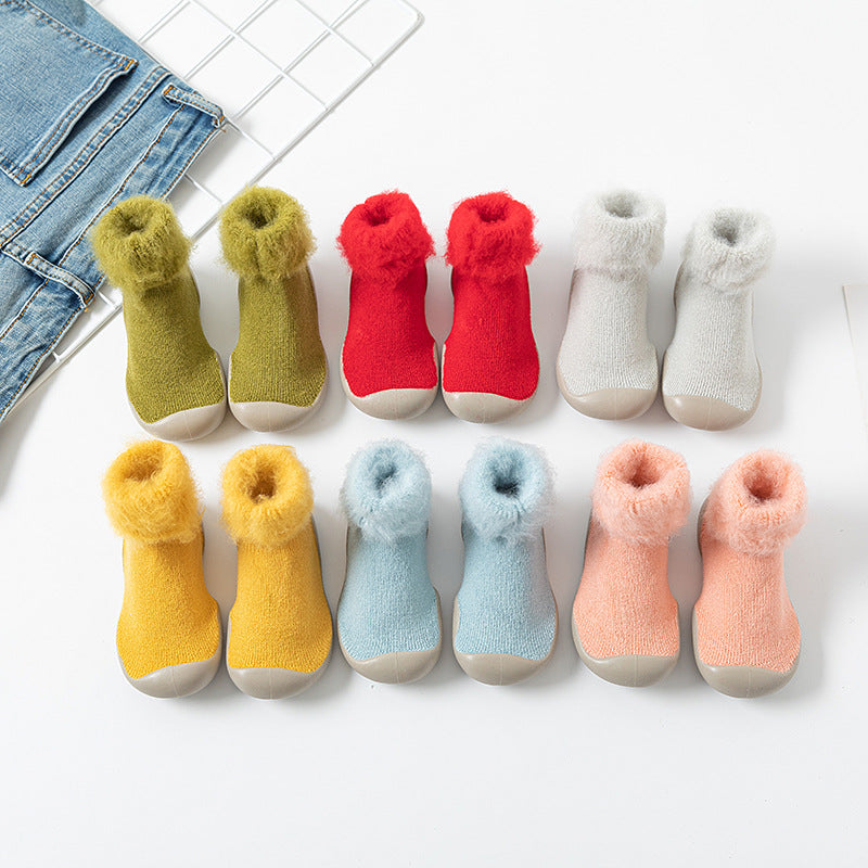 2020 fall/winter children's brushed warm solid color toddler shoes baby non-slip soft-soled indoor socks shoes plus velvet thickening