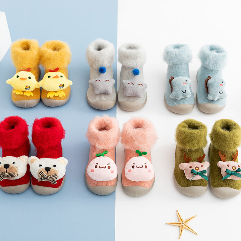 20 autumn and winter baby cartoon doll in tube flanging toddler winter thickening warm high-top socks and shoes non-slip let go