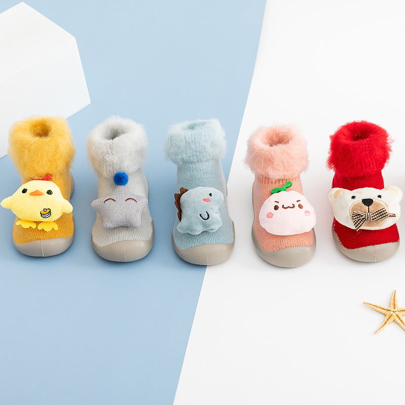 20 autumn and winter baby cartoon doll in tube flanging toddler winter thickening warm high-top socks and shoes non-slip let go