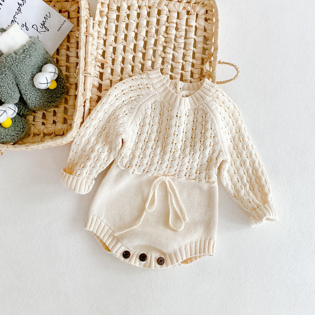 ins spring and autumn clothing baby girl baby knitted hollow waist long-sleeved harem triangle bag fart jumpsuit romper