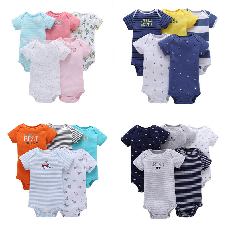 A generation of summer baby boy cotton short-sleeved mixed color haze triangle romper 5 five-piece suit T0031