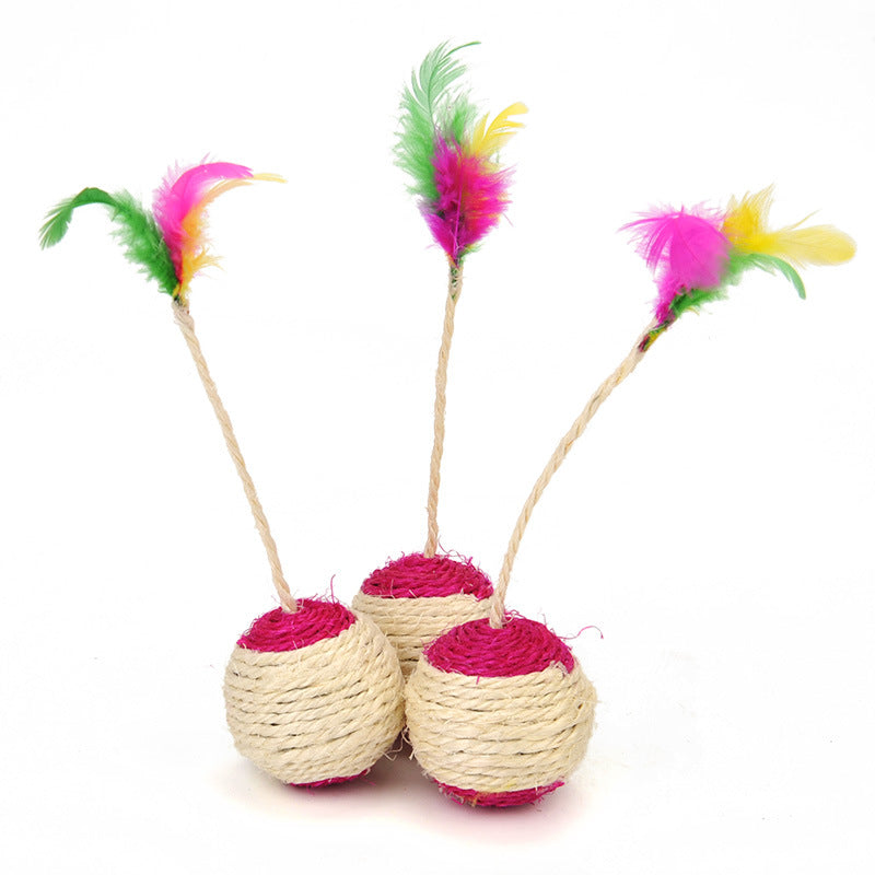 Pet cat toy colorful feather blanket ball claw sharpening interactive play ball cat toy sisal shuttlecock ball