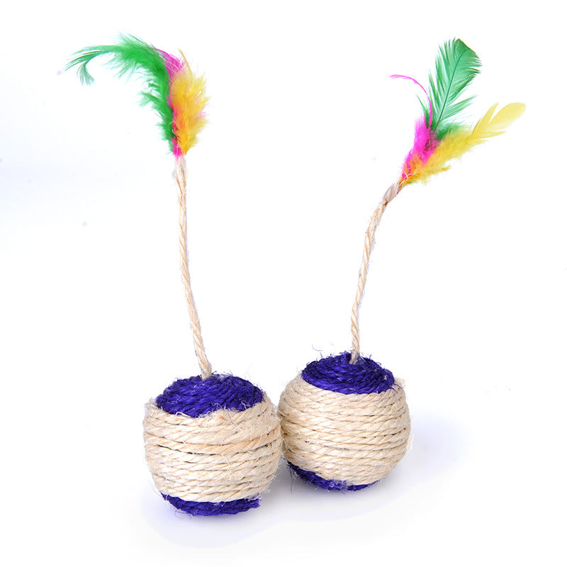 Pet cat toy colorful feather blanket ball claw sharpening interactive play ball cat toy sisal shuttlecock ball