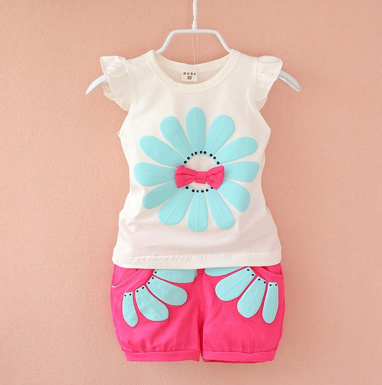 Korean children's clothing summer clothes girls summer cartoon flower vest suit 0-4 years old baby girl shorts two-piece suit trendy