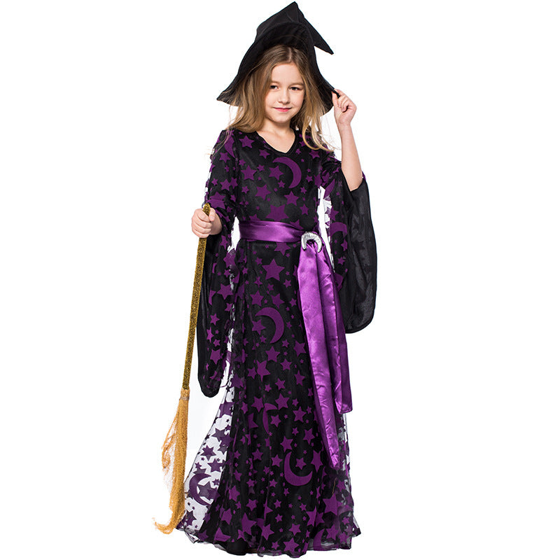 Witch costume children's purple witch costume color Halloween witch stage costume purple star and moon print witch long skirt