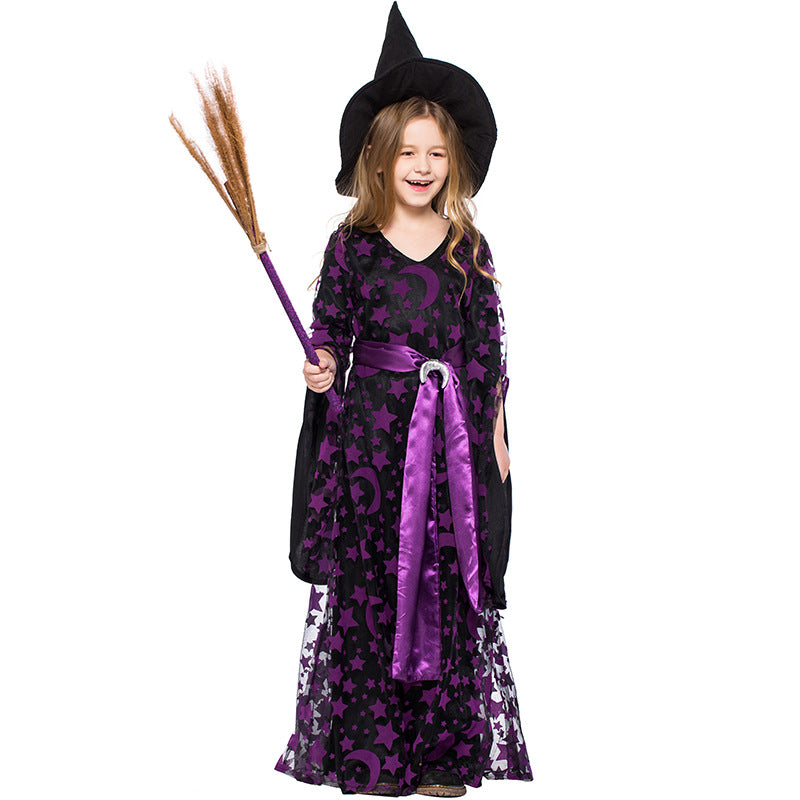 Witch costume children's purple witch costume color Halloween witch stage costume purple star and moon print witch long skirt