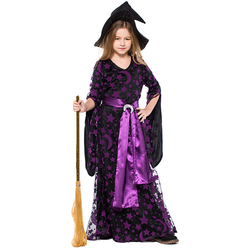 Witch costume children's purple witch costume color Halloween witch stage costume purple star and moon print witch long skirt