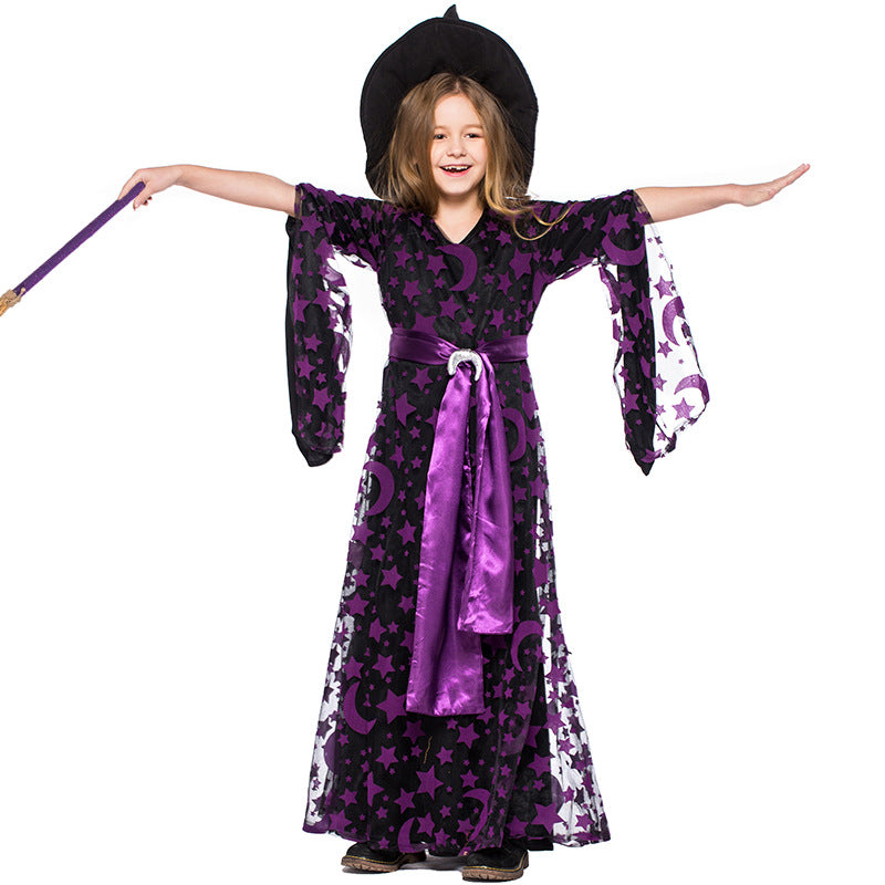Witch costume children's purple witch costume color Halloween witch stage costume purple star and moon print witch long skirt