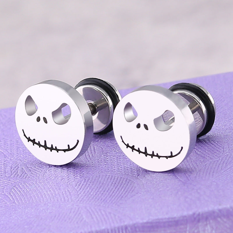 European and American Fashion Titanium Steel Round Cake Earrings Stainless Steel Halloween Pumpkin Head Stud Earrings for Men and Women Jewelry Factory Direct Sales