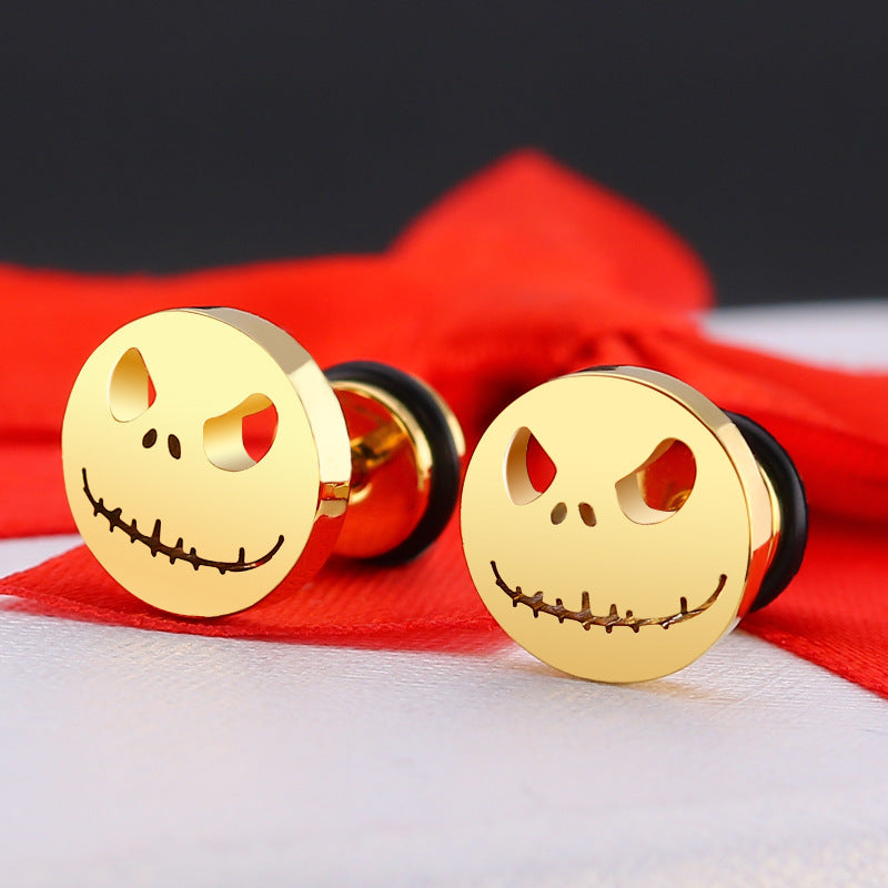 European and American Fashion Titanium Steel Round Cake Earrings Stainless Steel Halloween Pumpkin Head Stud Earrings for Men and Women Jewelry Factory Direct Sales