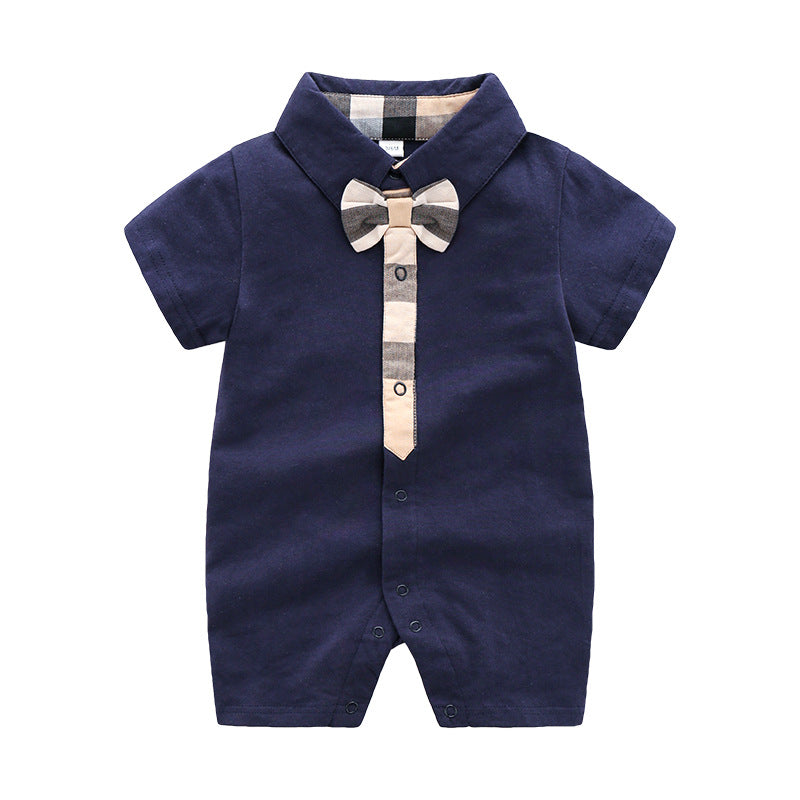 Fashionable and versatile baby crawling clothes pure cotton baby clothes knitted short-sleeved gentleman newborn romper summer closed crotch full moon