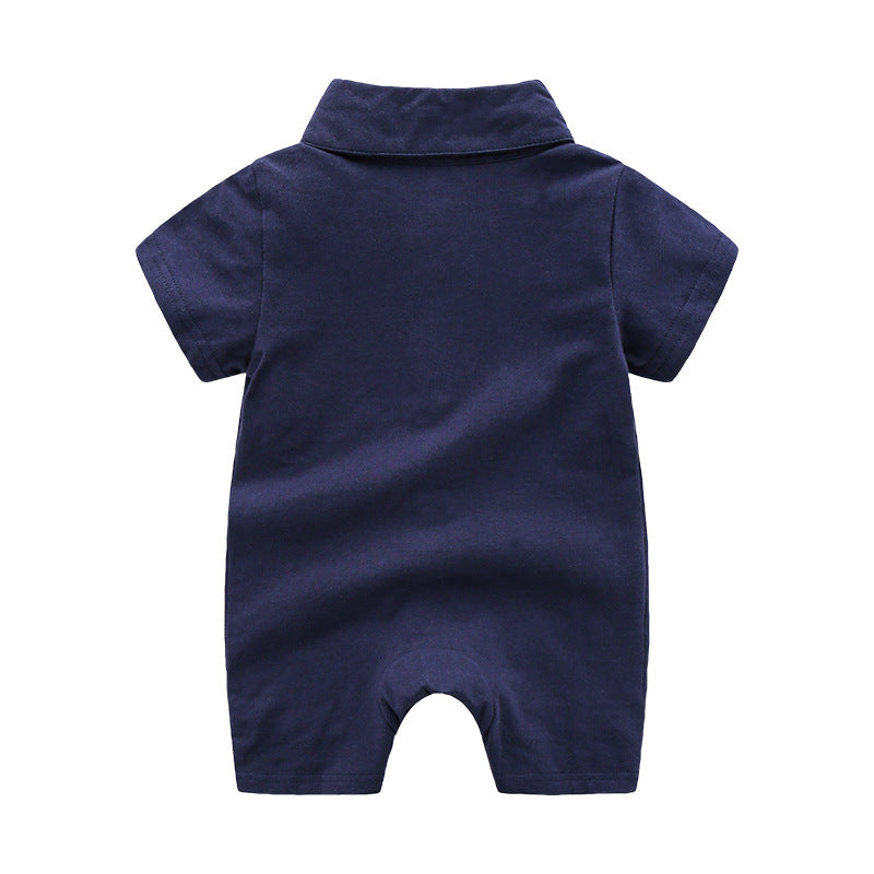 Fashionable and versatile baby crawling clothes pure cotton baby clothes knitted short-sleeved gentleman newborn romper summer closed crotch full moon