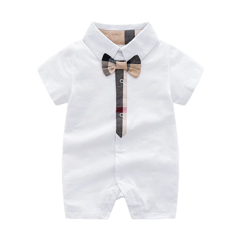 Fashionable and versatile baby crawling clothes pure cotton baby clothes knitted short-sleeved gentleman newborn romper summer closed crotch full moon