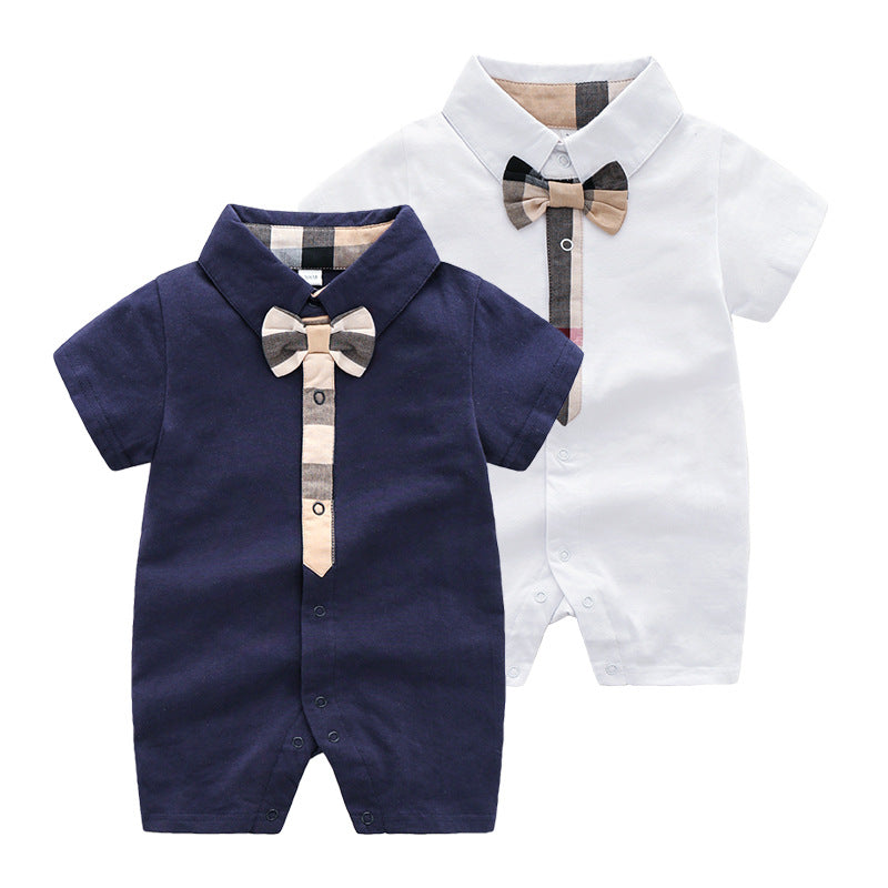 Fashionable and versatile baby crawling clothes pure cotton baby clothes knitted short-sleeved gentleman newborn romper summer closed crotch full moon