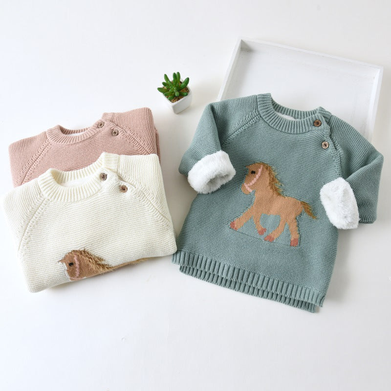 sweater autumn and winter baby plus velvet thick pullover sweater foreign style children's clothing Korean baby coat trendy