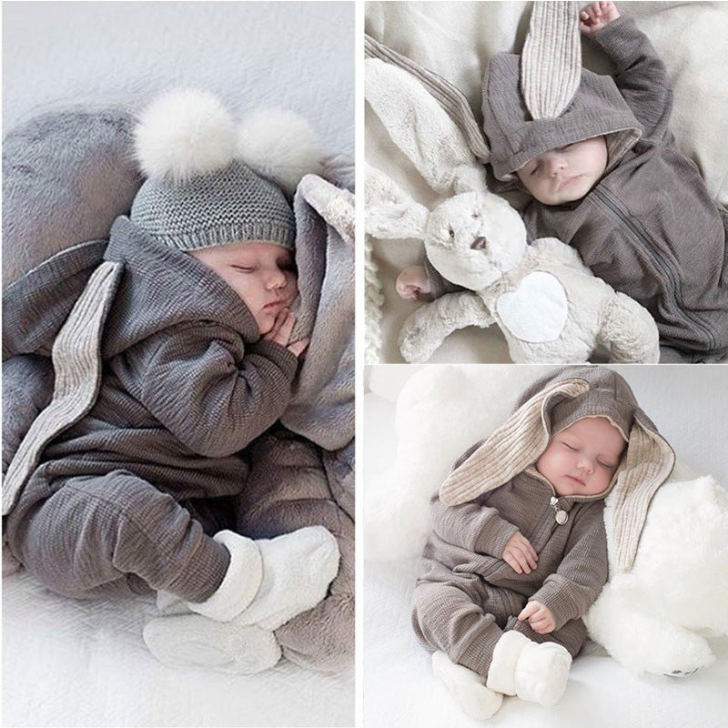 ins baby explosion models men and women baby solid color rabbit ears climbing jacket baby autumn and winter clothing jumpsuit wholesale