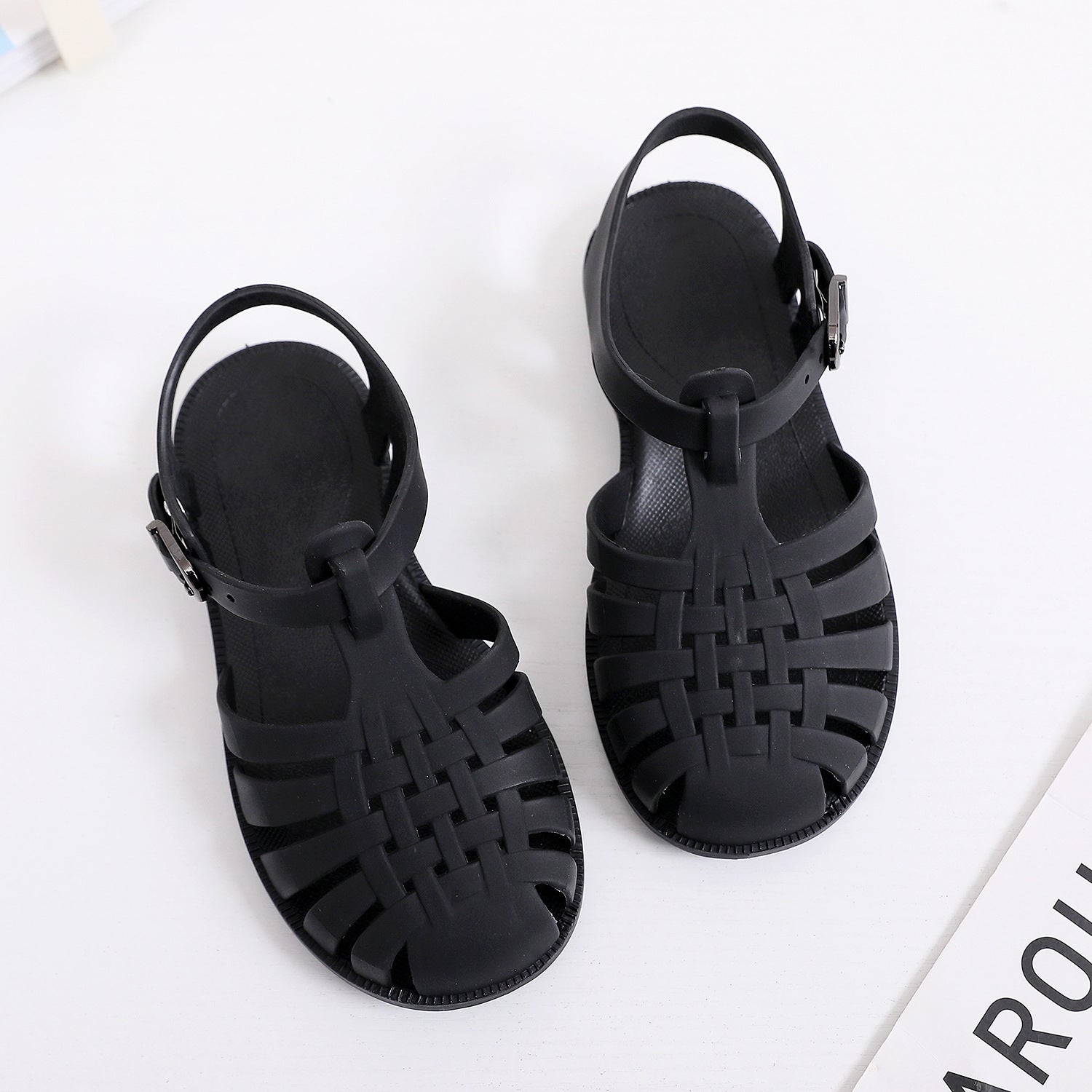 Summer children's jelly shoes baby toddler shoes for middle and large boys and girls with closed toe Roman shoes with soft bottom and flat bottom hole shoes