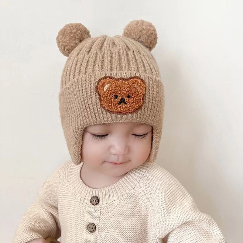 New autumn and winter children's warm hats cute bear double ball hats infant baby warm ear protection knitted wool hat