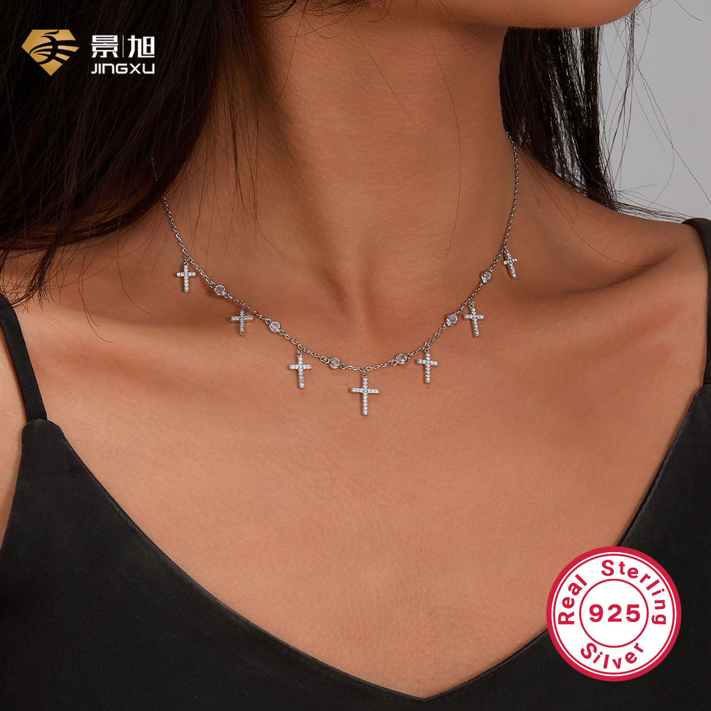 Cross-border hot selling 925 silver necklace for women European and American high-end zircon cross clavicle chain Halloween jewelry wholesale