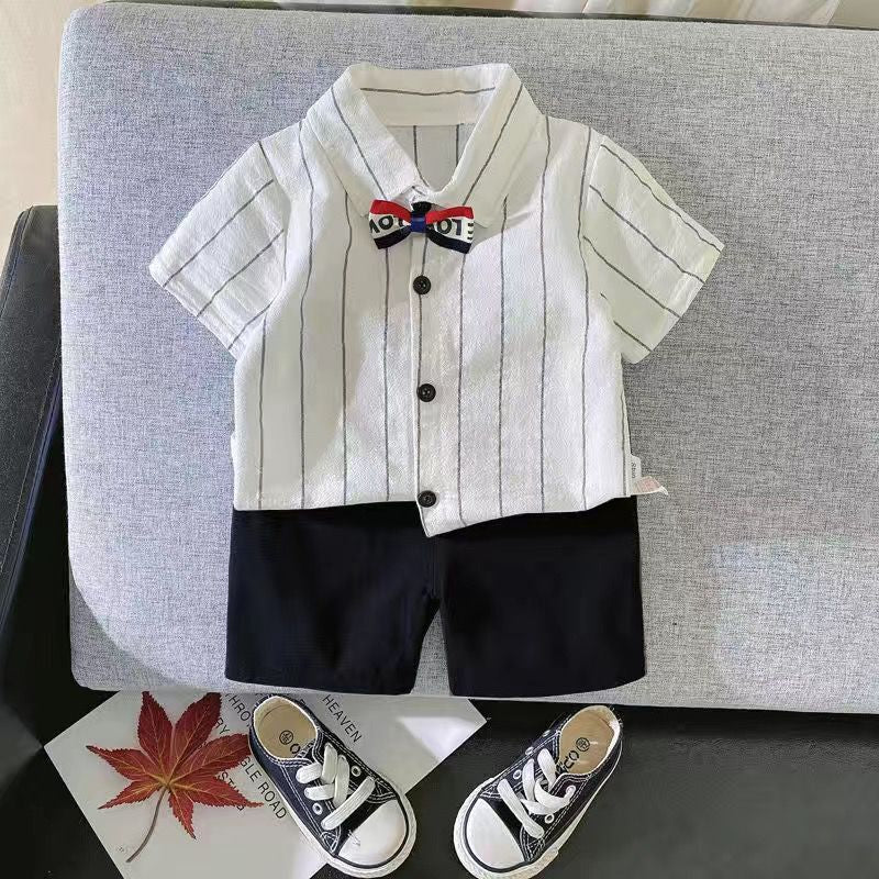 Boys summer clothes children's short-sleeved suits summer new style little boy baby fashion striped polo shirt two-piece suit trendy