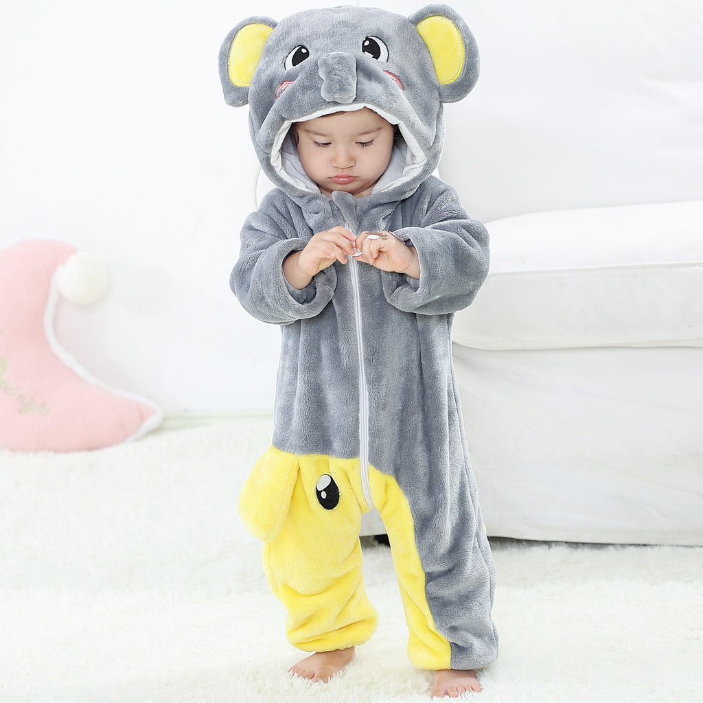 Male and female baby cartoon animal hat jumpsuit cross-border children's clothing cute ears flannel warm sleeping clothes