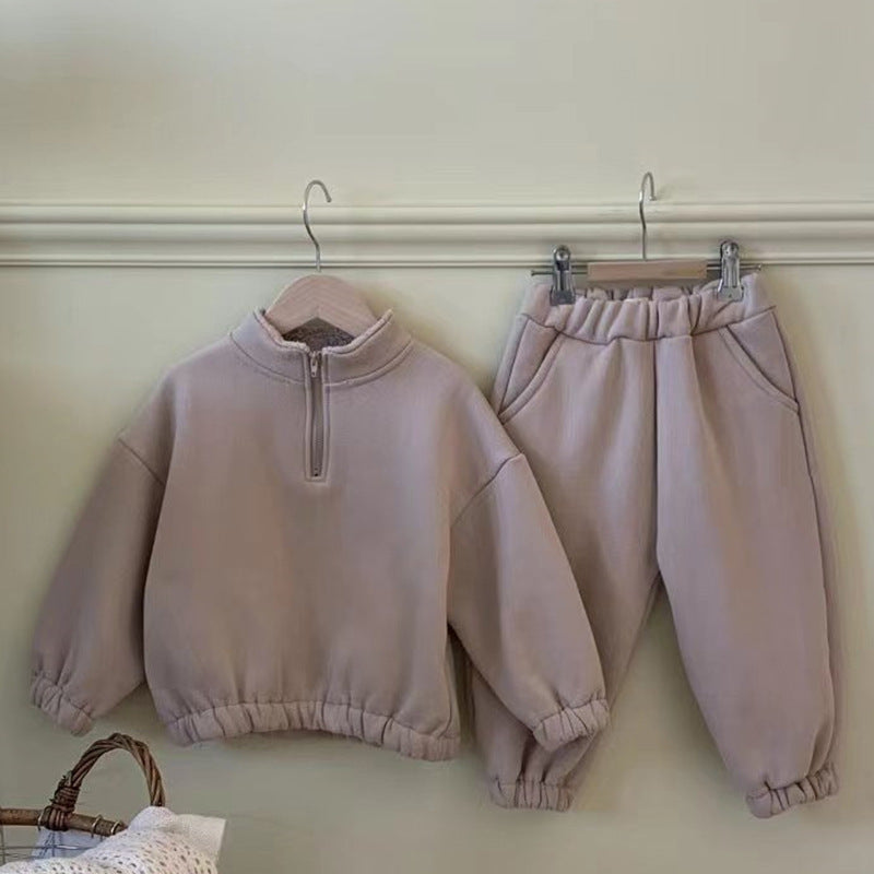 ins Korean version of winter children's clothing boys simple solid color plus velvet suit baby girl fashion outing clothes two-piece suit