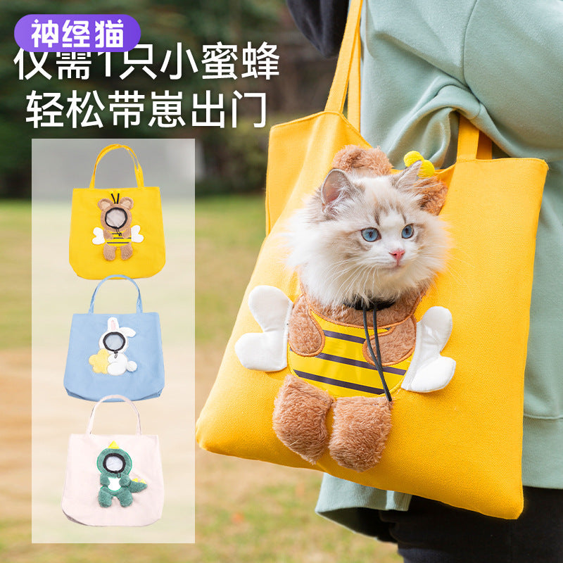 Cute canvas outing bag with exposed head and bee shape cat bag shoulder bag small dog handbag pet dog bag
