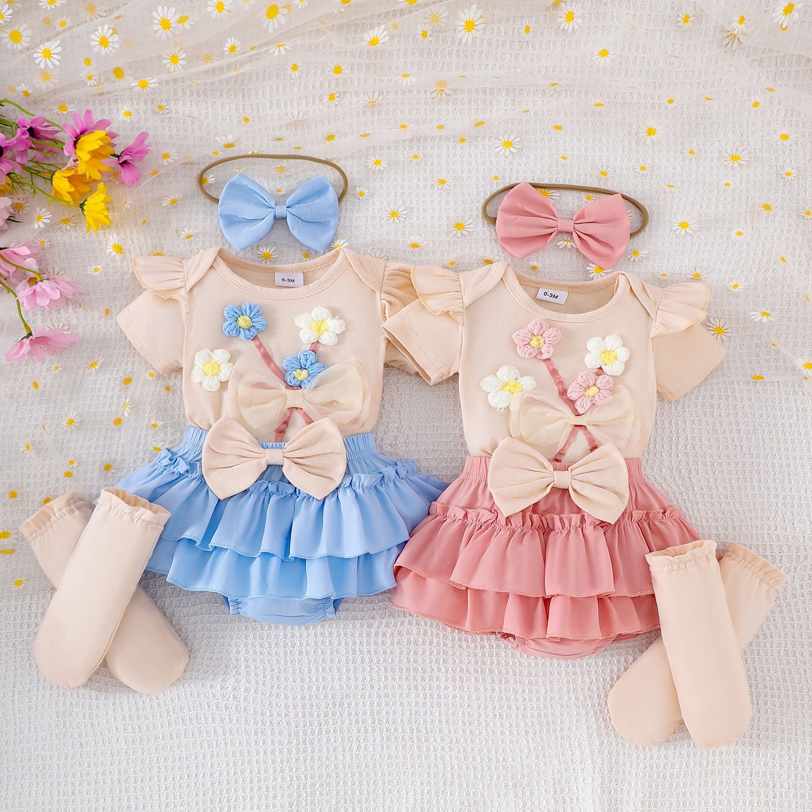 Cross-border European and American summer baby girl suits, small and medium-sized children's baby rompers, bow short skirts, socks, headwear