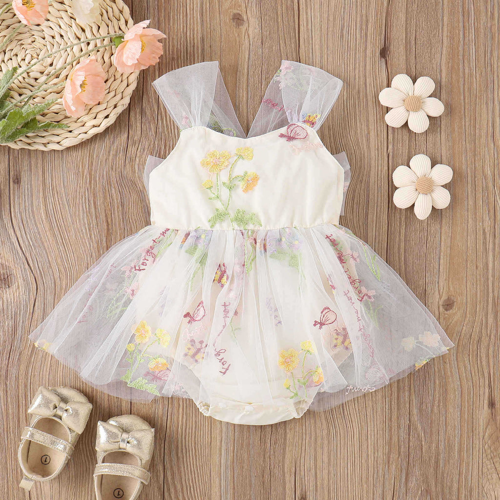 Baoxin children's clothing Korean version spring and summer girls baby sling embroidered flowers mesh princess can open crotch fart baby romper