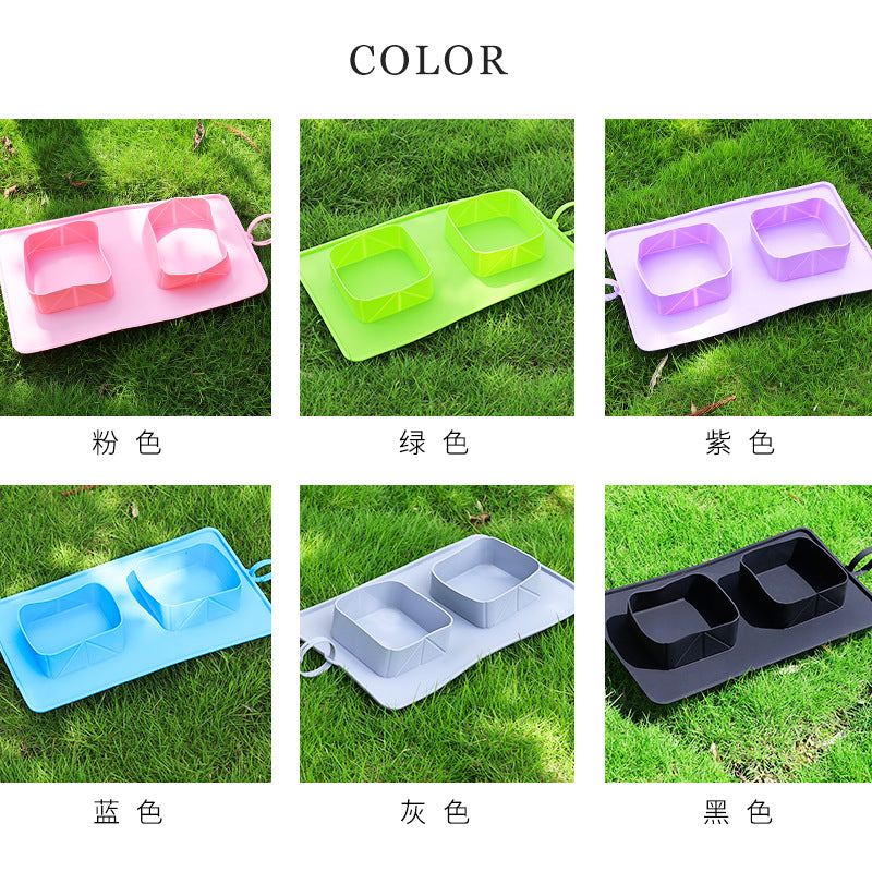 Pet Bowl Silicone Folding Pet Bowl Non-slip Dog Double Bowl Velvet Bag Dog Bowl Outdoor Pet Portable Dog Bowl