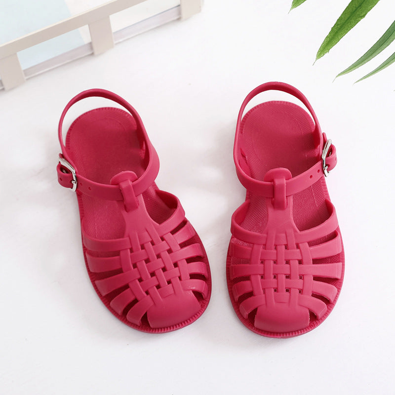 Summer children's jelly shoes baby toddler shoes for middle and large boys and girls with closed toe Roman shoes with soft bottom and flat bottom hole shoes