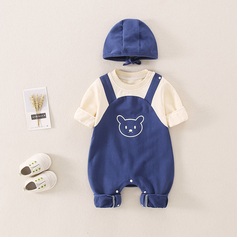 Newborn baby autumn clothes cute super cute baby one-piece romper spring and autumn style full moon 100 days with hood outdoor crawling clothes