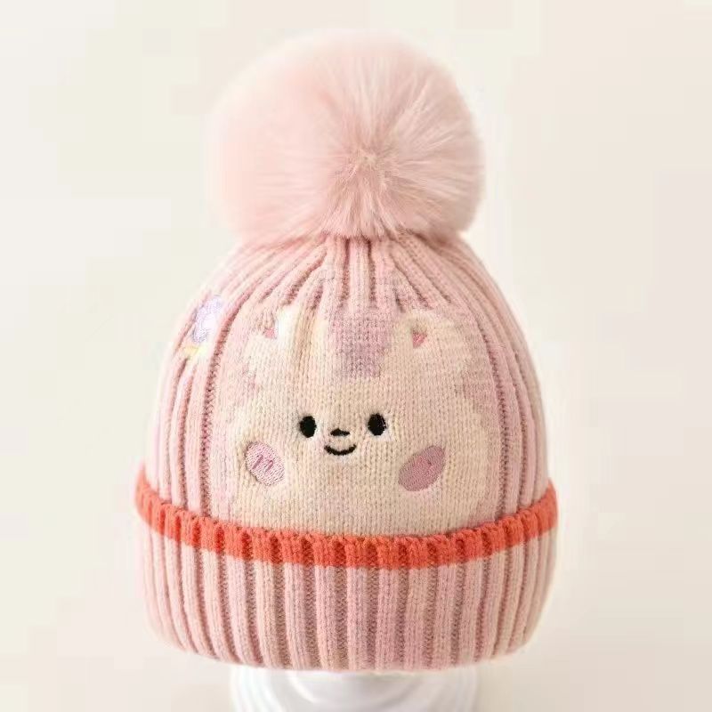 New autumn and winter children's warm hats cute bear double ball hats infant baby warm ear protection knitted wool hat