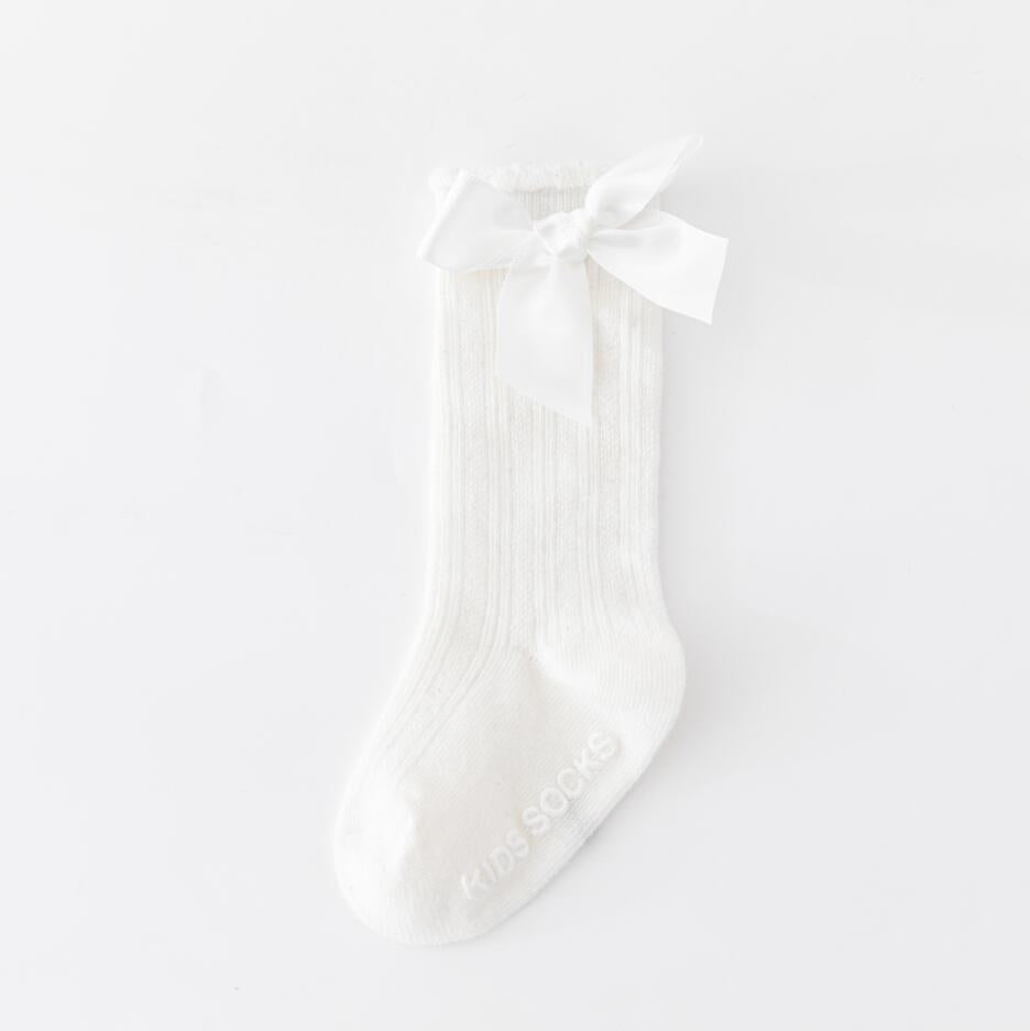 New style boys and girls solid color striped stockings Polyester cotton non-slip bubble mouth baby bowknot mid-tube socks wholesale