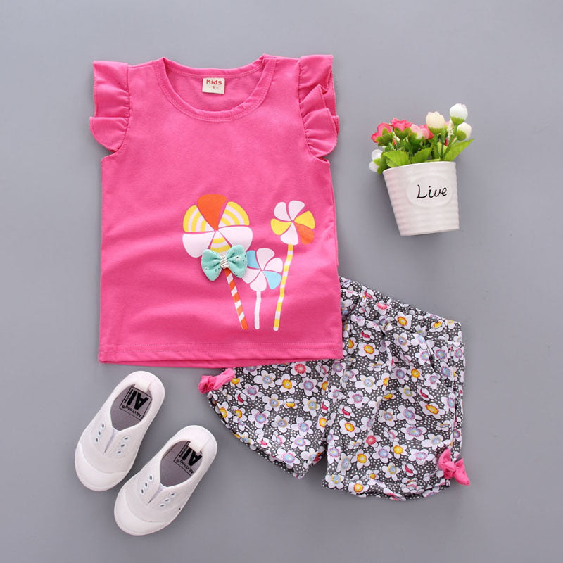 Korean children's clothing summer clothes girls summer cartoon flower vest suit 0-4 years old baby girl shorts two-piece suit trendy