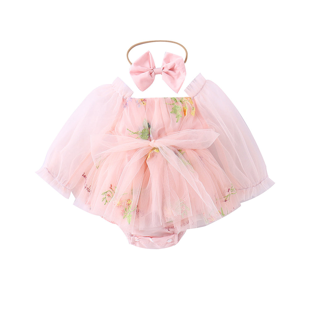 Baoxin children's clothing Korean version baby girl autumn flower embroidery mesh sleeves skirt two colors open crotch cover fart romper