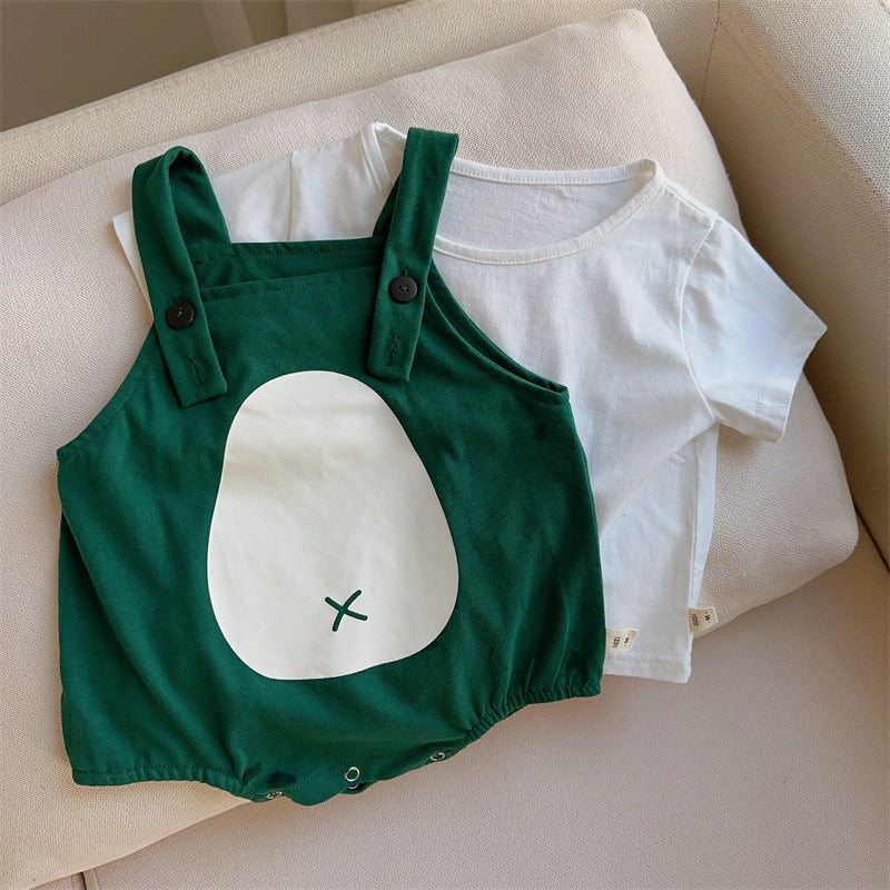Toddler summer clothes Korean version 2023 new baby white T-shirt suspenders crawling clothes set with hat three-piece summer clothes