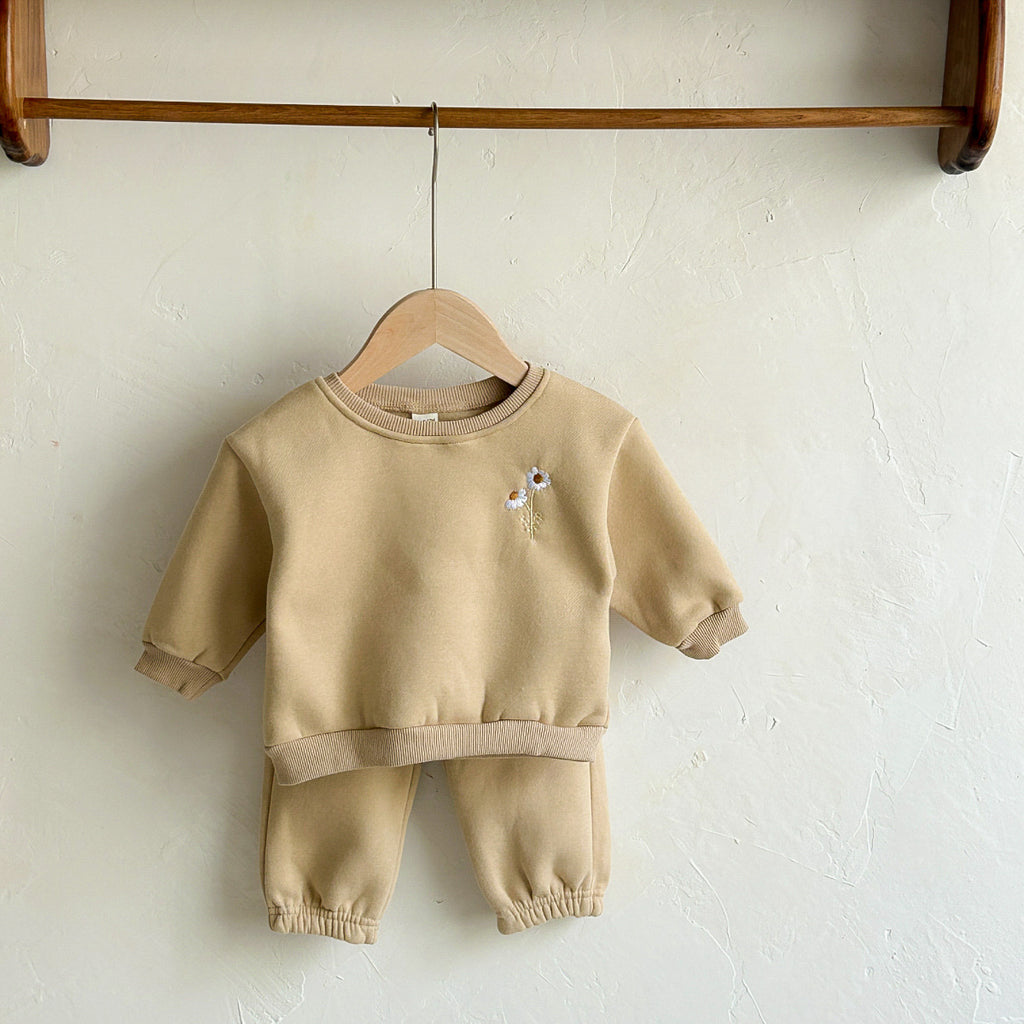 INS Korean version of the winter newborn floral embroidery plus velvet long-sleeved two-piece children's baby round neck sweater suit