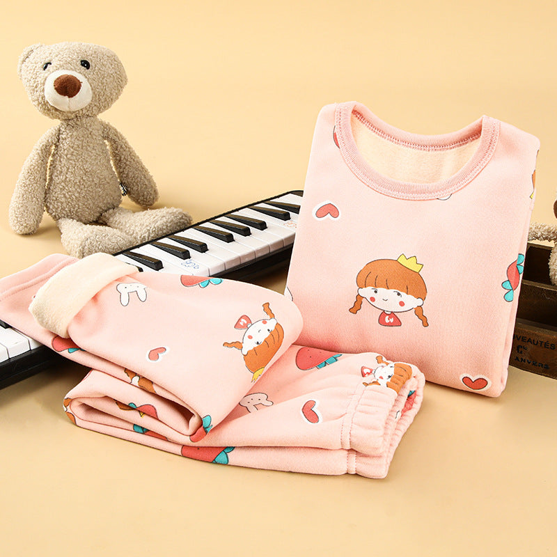 Children's thermal underwear set plus velvet and thickened winter boys' baby autumn clothes autumn pants girls' warm clothing set