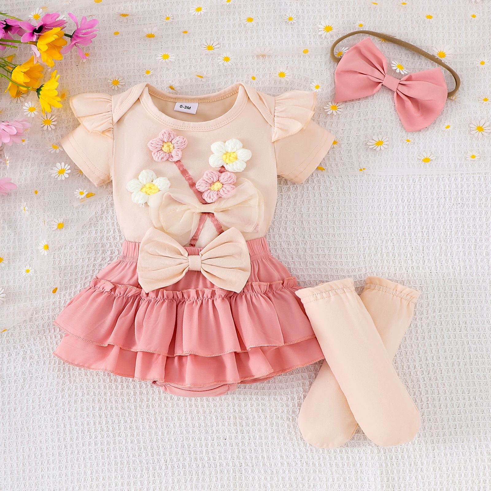 Cross-border European and American summer baby girl suits, small and medium-sized children's baby rompers, bow short skirts, socks, headwear
