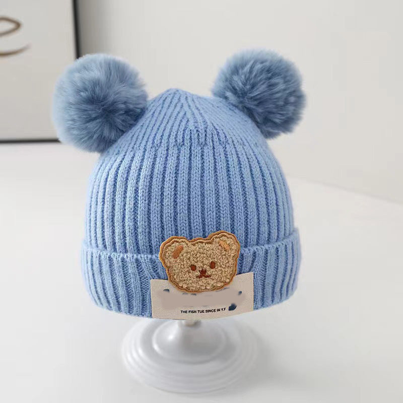 New autumn and winter children's warm hats cute bear double ball hats infant baby warm ear protection knitted wool hat